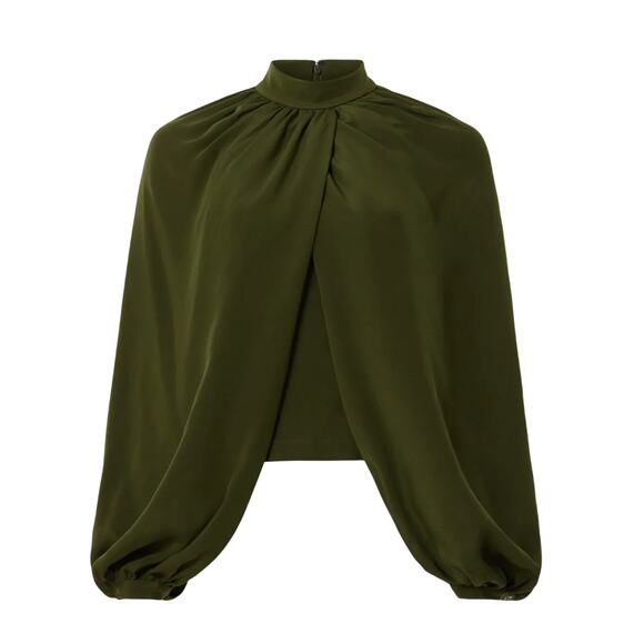 CO Olive Green Wrap Top MEDIUM Balloon Sleeve Career Mockneck Silk Designer $900 - Picture 3 of 12